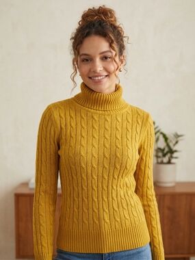 Cozy Cable Knit Turtleneck Sweater in Mustard Yellow